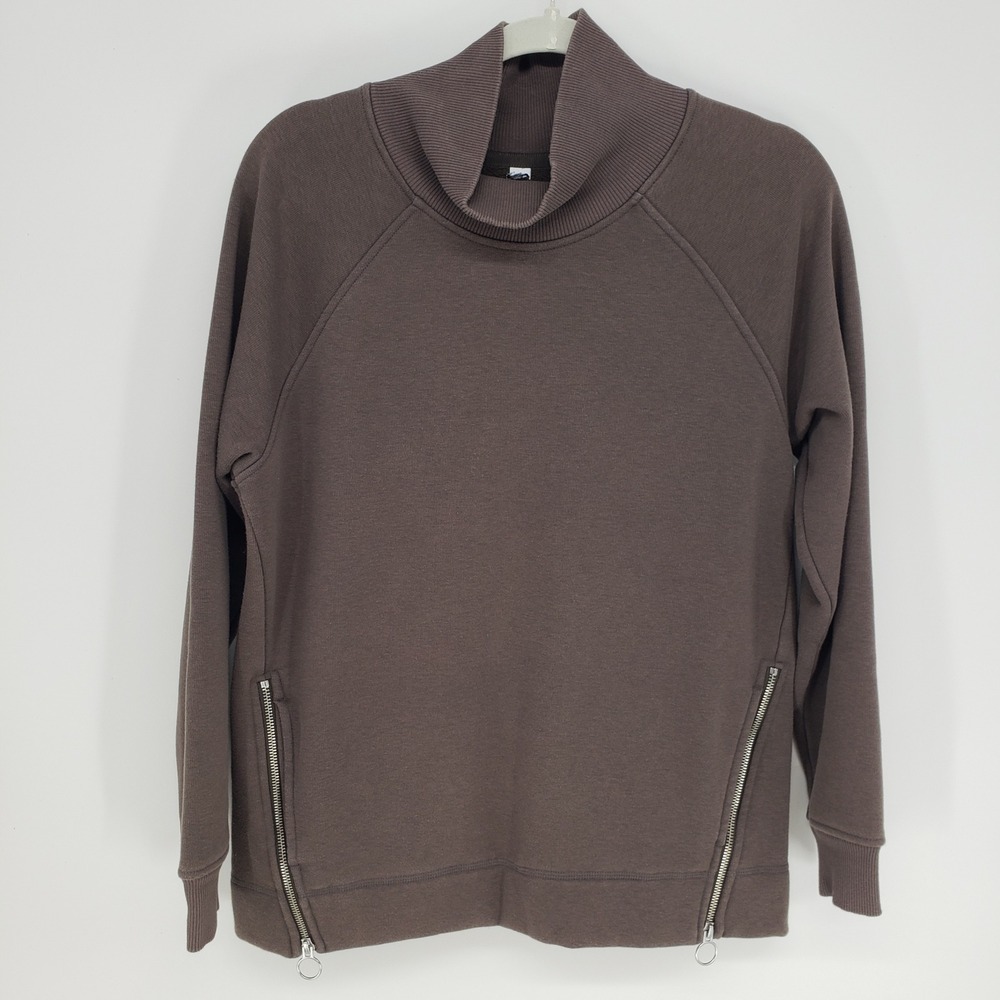 Athleta Funnel Neck Side Zip Sweatshirt S‎ Brown Fleece Pullover Mock Cozy Karma